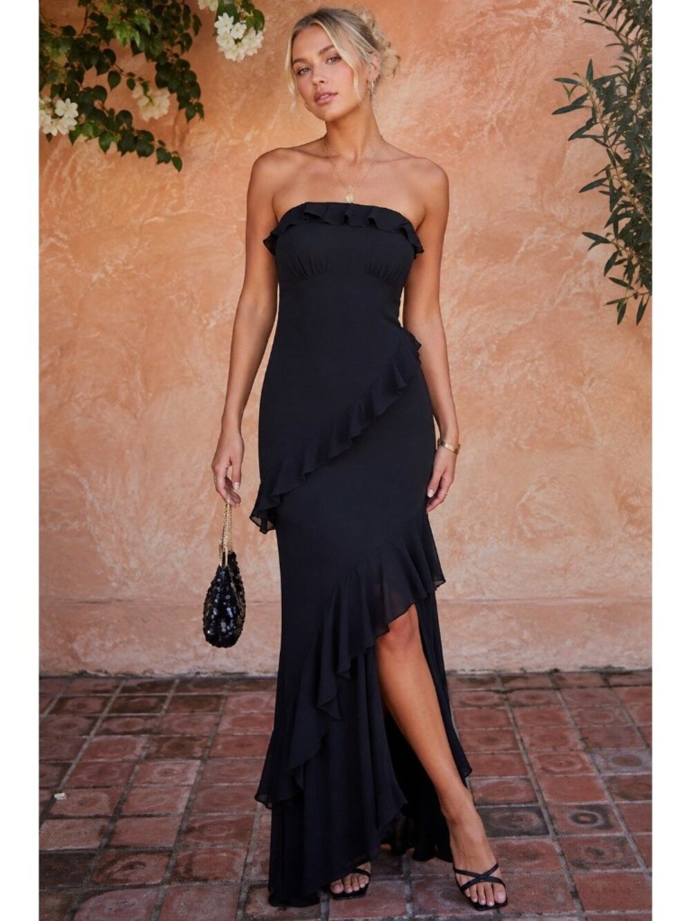 Lulus Dramatic Allure Maxi Dress XS Black Ruffled Cut Out Strapless Formal Gown